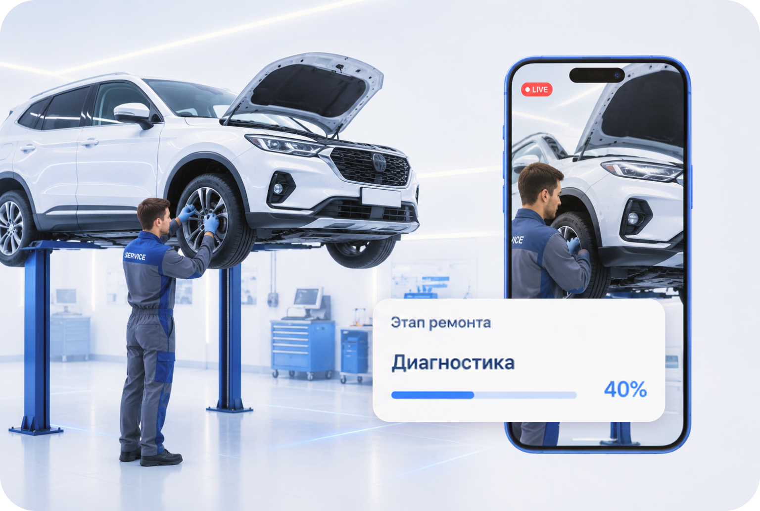 Грумер ухаживает за собакой, на экране смартфона показана трансляция с камеры